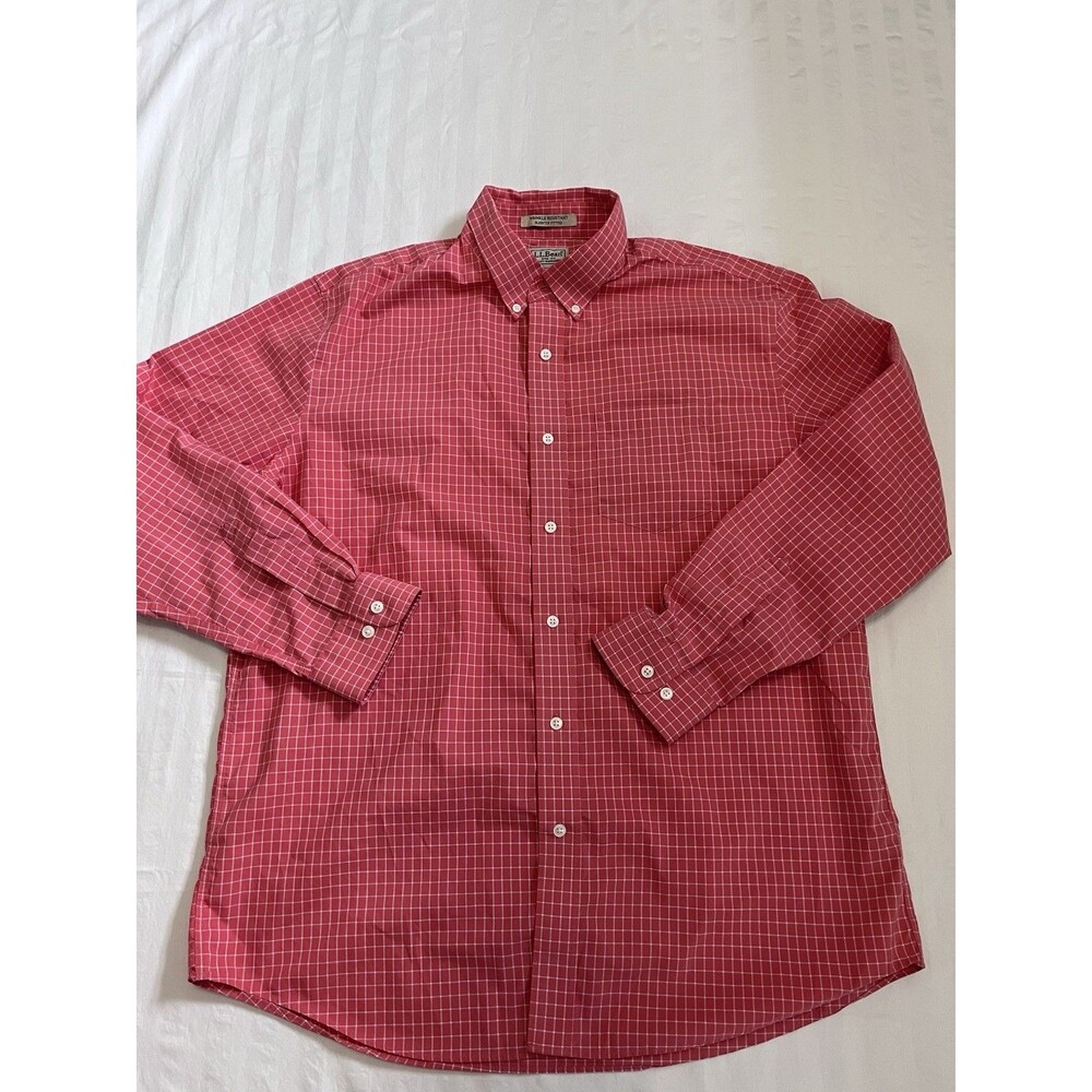 LL Bean Kennebunk Men XL Reg Wrinkle Free Shirt Pink White Check Button Down
